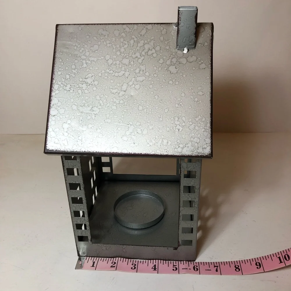 Decorative Galvantized Metal House Lantern/Candle/Votive Holder, EUC, Gray